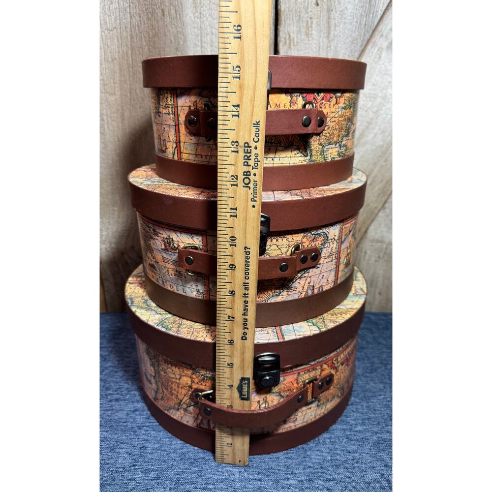 Vintage Old World Map Cardboard Nesting Hatbox Storage Metal Push Lock Accents - Picture 3 of 13
